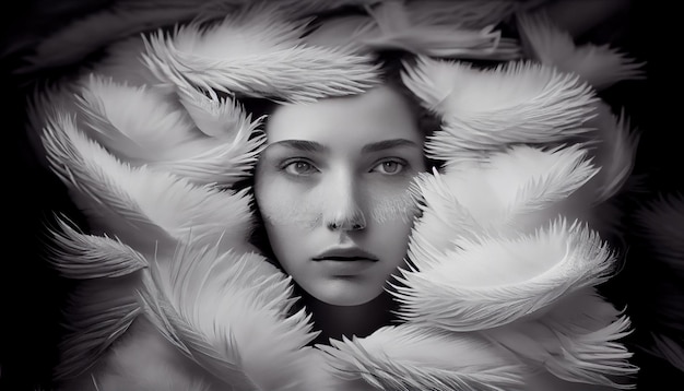 A woman's face sticking out in the middle of all the goose white feather Generate Ai