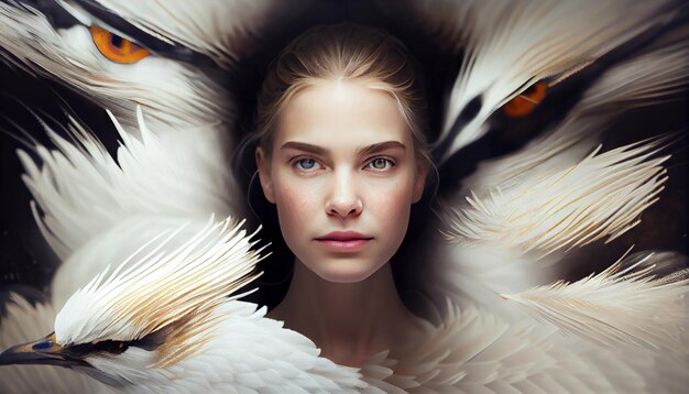 Photo a woman's face sticking out in the middle of all the goose white feather generate ai