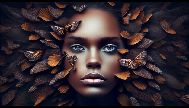 Woman's face sticking out in the middle of a full group of butterflies Generate Ai