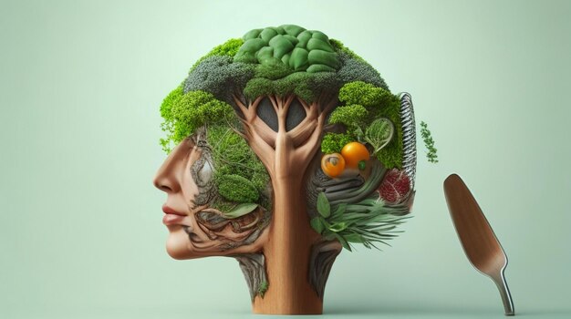 A woman's face tree with kitchen utensils in the middle of brain