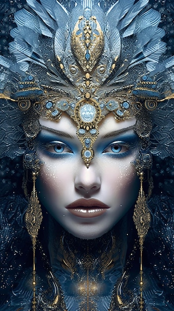 A woman's face with a blue and gold crown and a diamond on it.