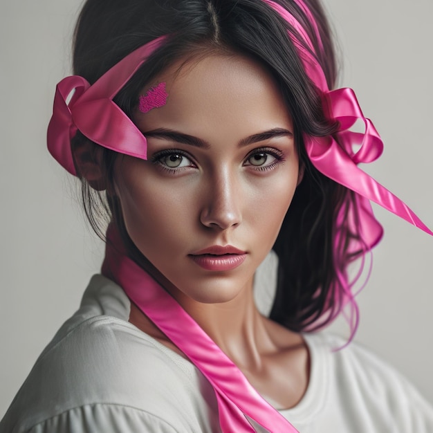 Woman's face with braided pink ribbon in her hair