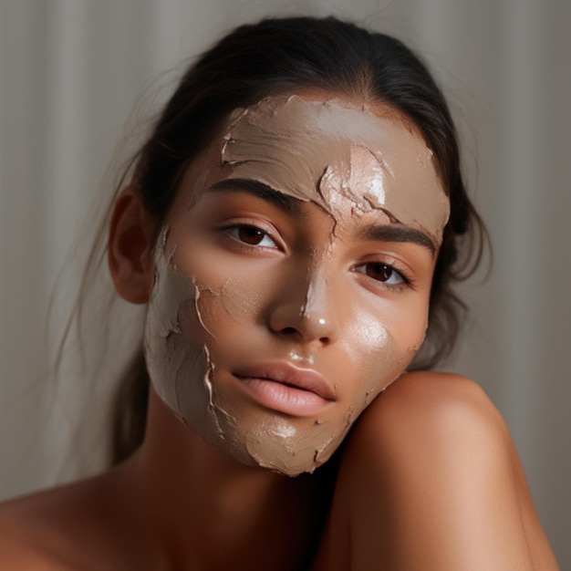 woman's face with a clay mask on The mask is a light brown color and is drying on her skin