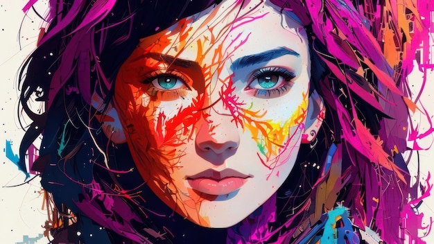 A woman's face with colorful paint and a colorful face.