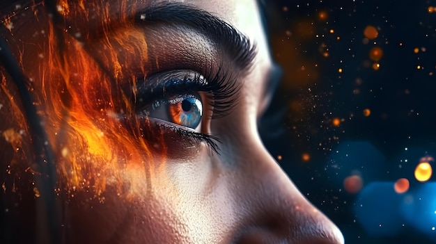 A woman's face with a fire on the background