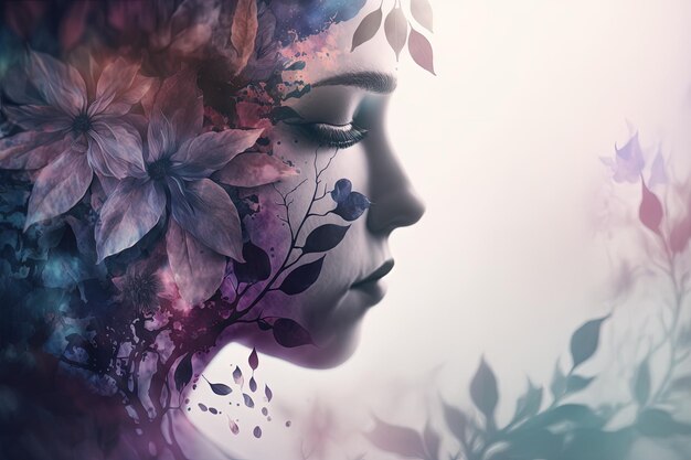 A woman's face with flowers on her head generative AI