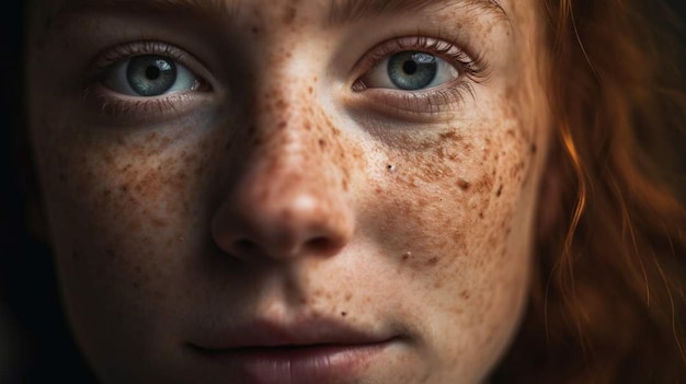 A woman's face with freckles and a red nose.