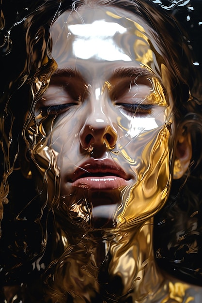 A woman's face with gold foil on it