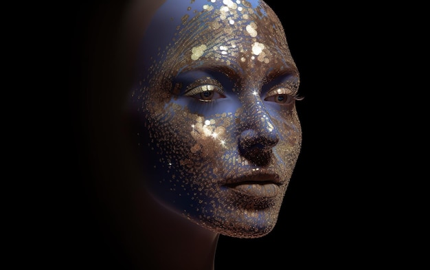 A woman's face with gold glitters on it