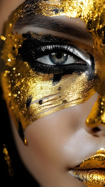 A woman's face with a gold mask and black and white paint.