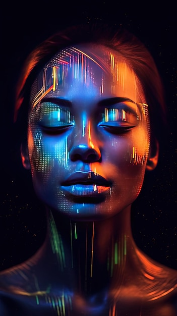 A woman's face with neon colors on it