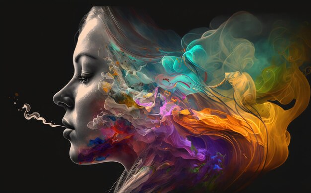 A woman's face with a rainbow colored smoke trail behind her.