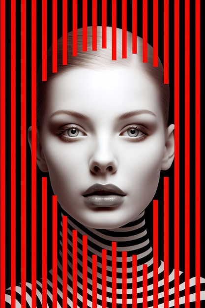 A woman's face with red and black stripes