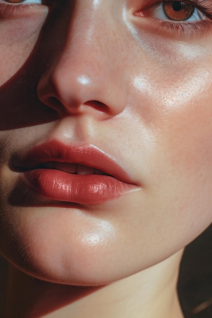 A woman's face with a red lip and a shadow on the face