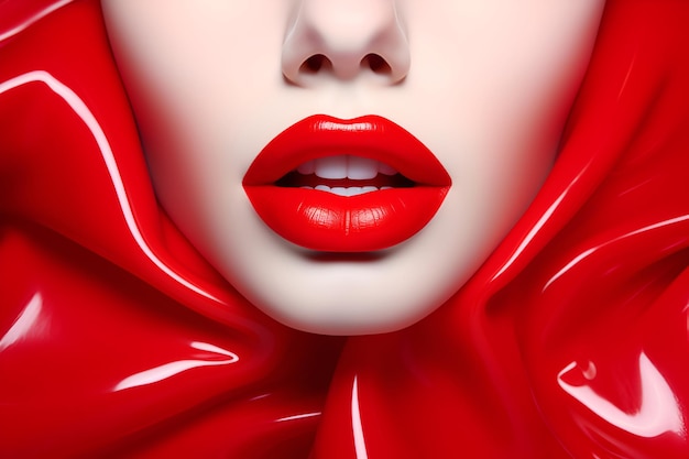 液体の赤いプラスチックで囲まれた赤い唇を持つ女性の顔