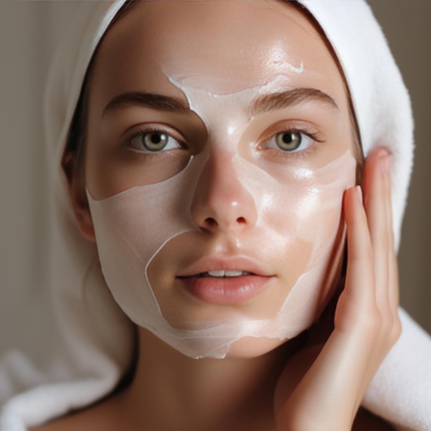 家庭のスパ治療の利点を示すシートマスクをかぶった女性の顔