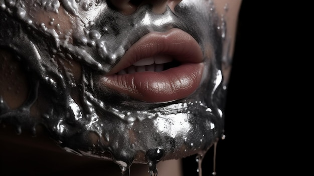 A woman's face with a silver mask covered in melted liquid.