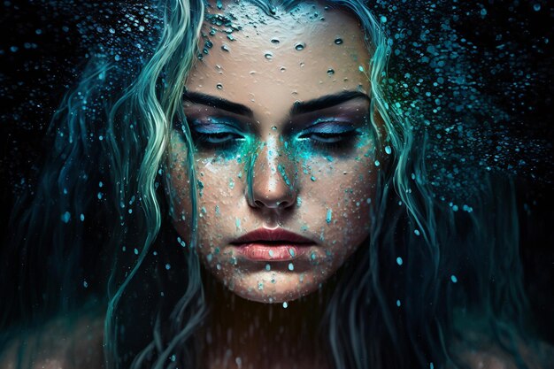 A woman's face with water drops on it