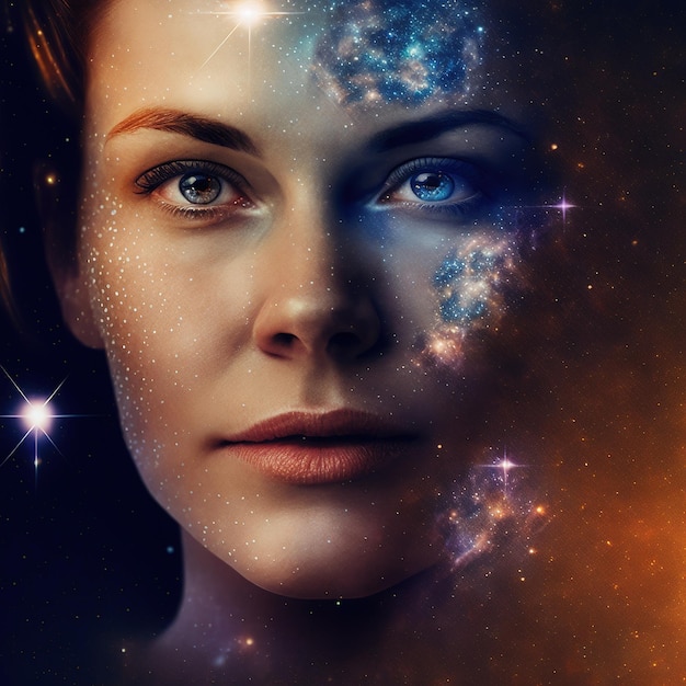 A woman's face with the word galaxy on it