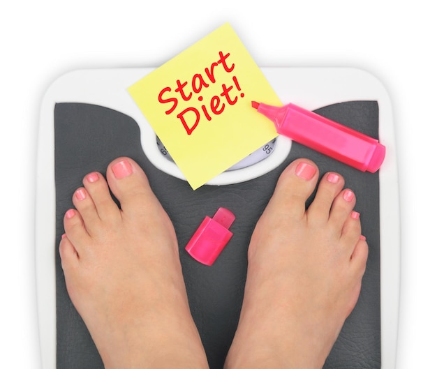 Woman' s feet on bathroom scale