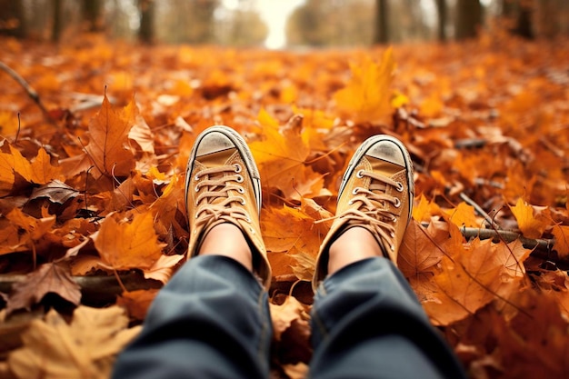 가을의 잎 속의 여자의 발