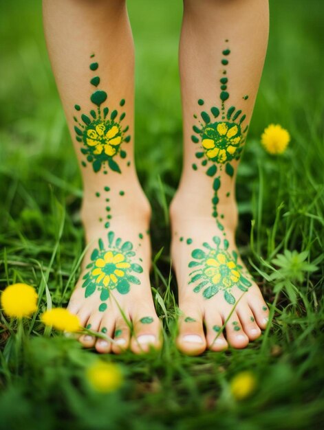 Photo a woman's feet painted with green and yellow flowers