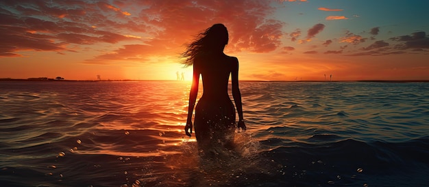 Woman s figure on beach at sunset with empty space