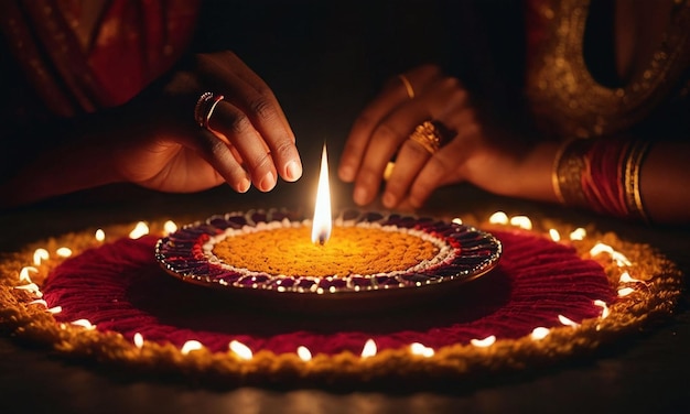 a woman's hand behind diwali diya