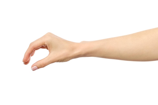 Woman's hand grabbing or measuring something isolated on white