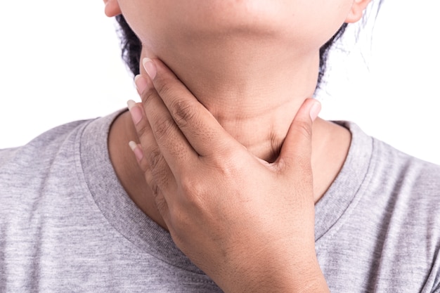 Woman's hand on her neck isolated on white background : Medical concept