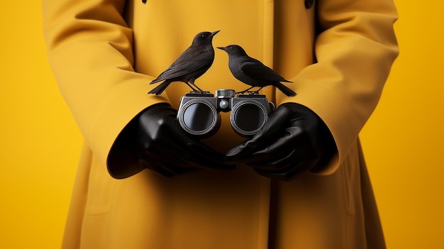 Woman's hand holding black binoculars on a yellow background