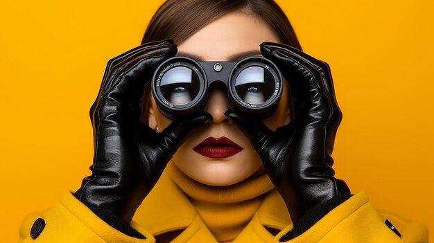 Woman's hand holding black binoculars on a yellow background