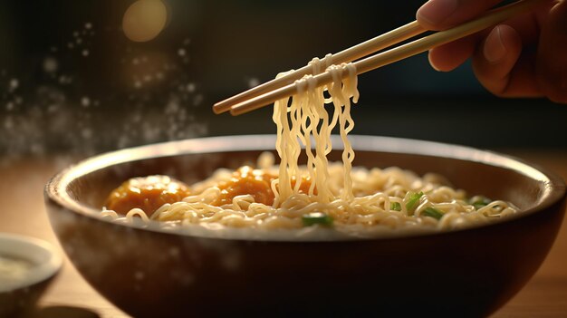 Foto la mano di una donna che tiene le bacchette sopra una ciotola di tagliatelle primo piano ai generativa