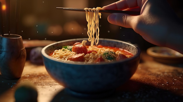 Foto la mano di una donna che tiene le bacchette sopra una ciotola di tagliatelle primo piano ai generativa