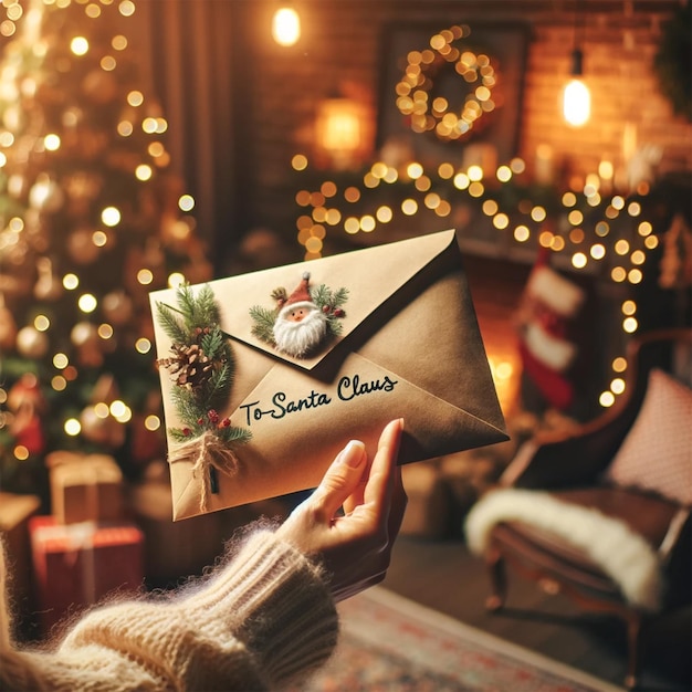 Photo a woman's hand holding and receiving a craft envelope during a festive christmas celebration indoors