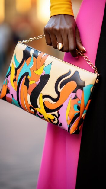 Photo a woman's hand holding a trendy clutch bag with a bold print