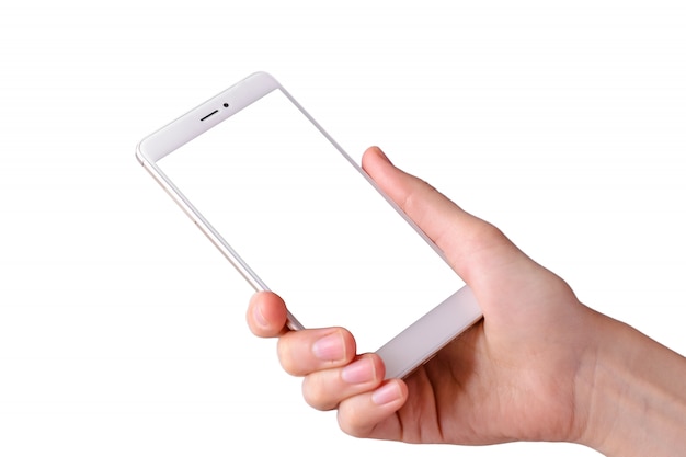 Woman's hand holding white smartphone with blank screen on isolated white