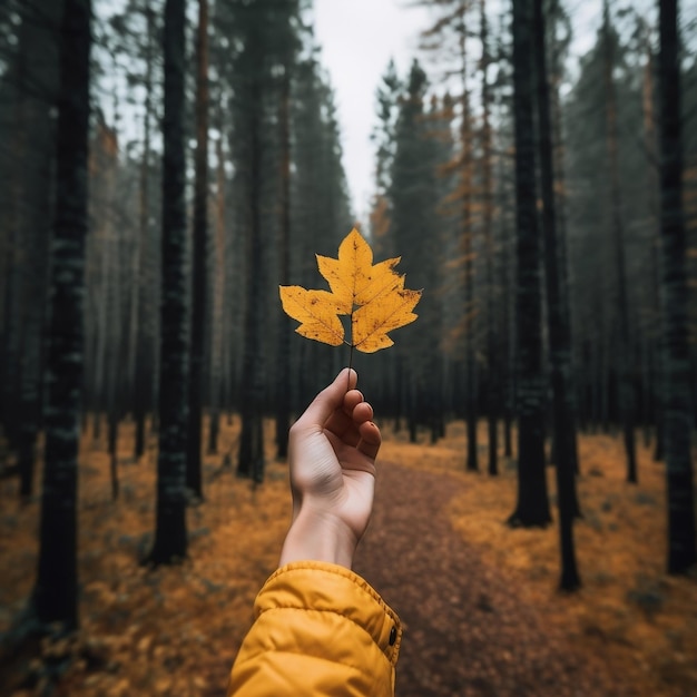 Woman's Hand Holding Yellow Fall Leaf on Background Generative AI