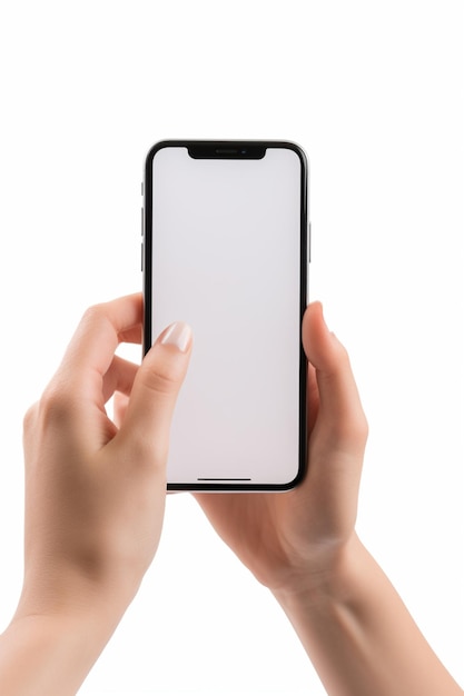 A woman's hand holds a black phone with a blank screen.