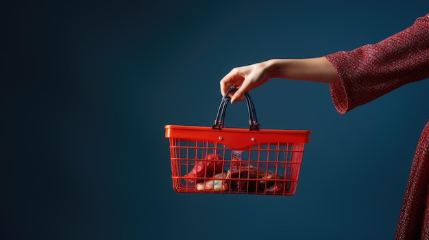 Photo woman's hand holds a grocery basket