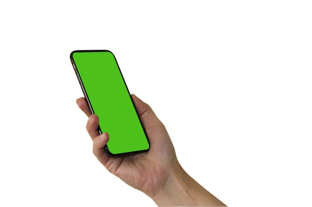 A woman's hand holds a smartphone with a green screen Isolated object on a white background