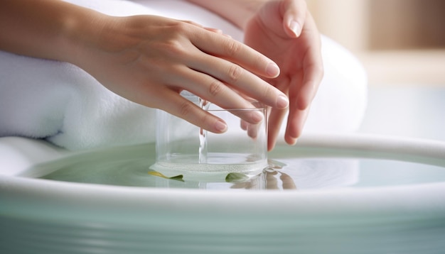 A woman's hand is cleaning a glass of water.