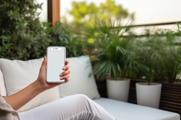 Photo a woman's hand is holding a cellphone with a white screen