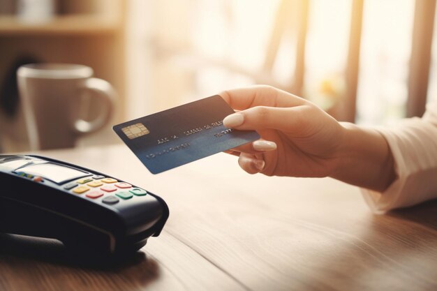 A woman's hand is holding a credit card and is paying with a credit card.