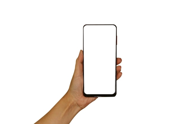 Женская рука держит смартфон Изолированный объект на белом фоне Шаблон для дизайна