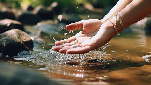 女性の手は水の中にあり水に飛び込もうとしています