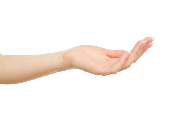 흰색 배경에 격리된 빈 컵 모양의 손바닥, 클로즈업, 컷아웃을 유지하는 여성의 손. 제안하거나 구걸하는 개념.
