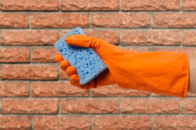 Photo woman's hand in protective glove with sponge