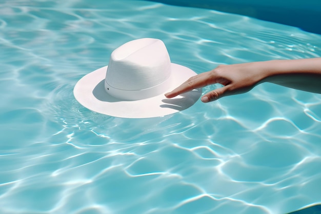 A woman's hand reaches out to a white hat in a pool
