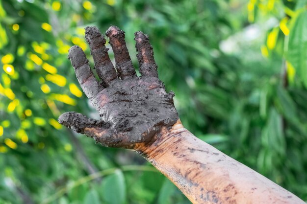 Woman's hand in the swamp after work in the garden